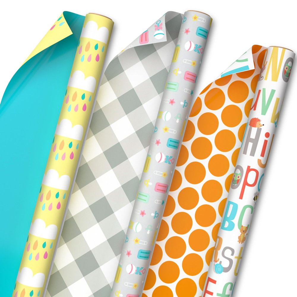 Hallmark Baby Shower Wrapping Paper Rolls - Pastel Gift Wrap Paper - Gender Neutral Clouds, ABCs, Bottles, Polka Dots, Blue, Gray Gingham (Set of 3 Rolls: 75 sq. ft. ttl.)