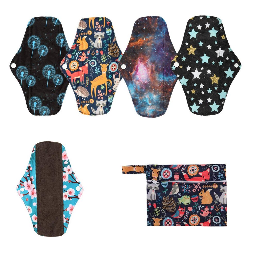 5 Cloth Menstrual Pads 1 Wet Bag M Panty Liners Reusable Washable (Sunflowers, M Panty Liners)