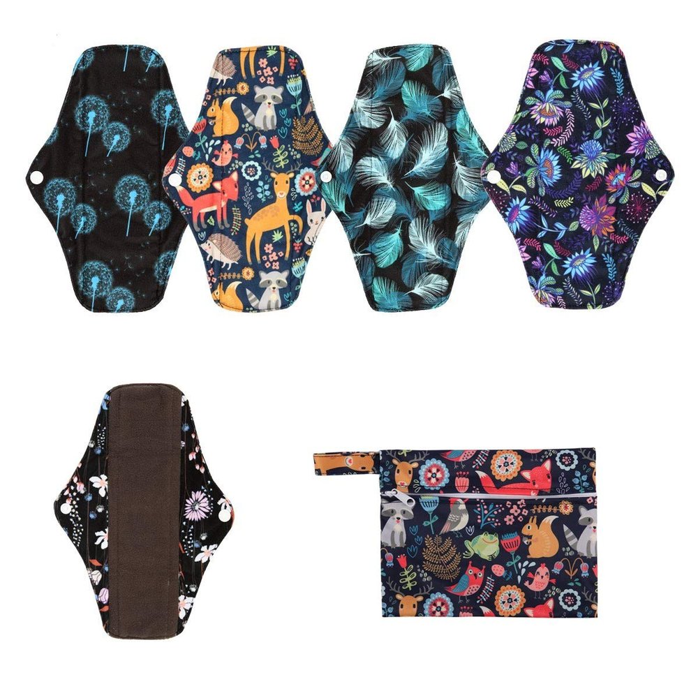 5 Cloth Menstrual Pads 1 Wet Bag M Panty Liners Reusable Washable (Frog Owl Fox, M Panty Liners)