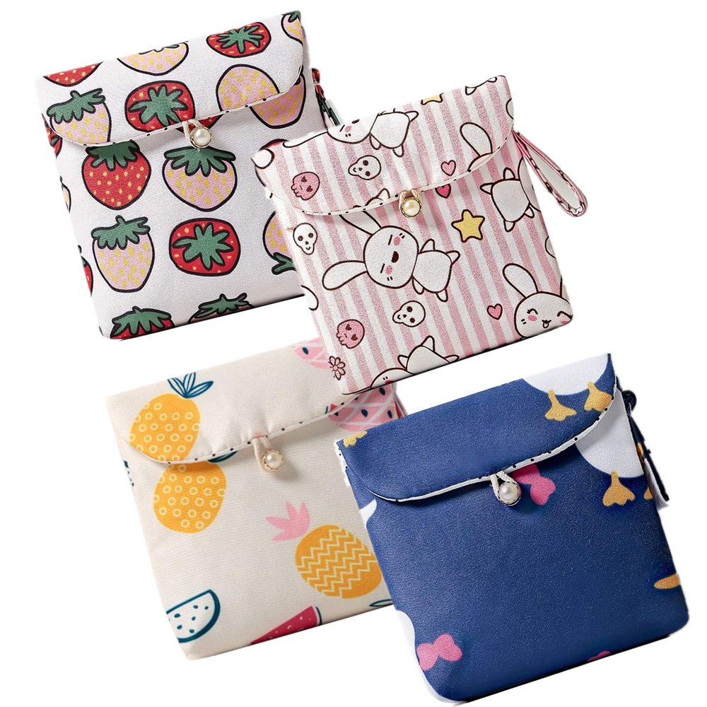 4 Pcs Cute Cotton Sanitary Napkins Bag, Menstrual Cup Pouch, Nursing Pad Holder, 5.1 x 5.1 inch Washable Organizer, Multifunction Purse for Girls Women (B)