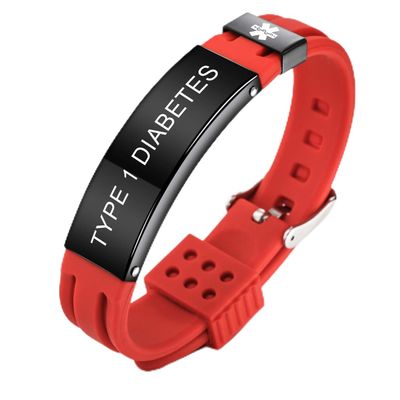 MOWOM Medical Bracelet Custom Engraved Silicone Adjustable Sport ID Identification Alert Stainless Steel - Bundle with Emergency Card, Holder (Red, Type 1 Diabetes)