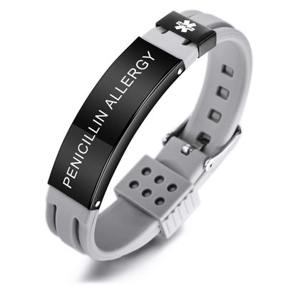 MOWOM Medical Bracelet Custom Engraved Silicone Adjustable Sport ID Identification Alert Stainless Steel - Bundle with Emergency Card, Holder (Grey, Penicillin Allergy)