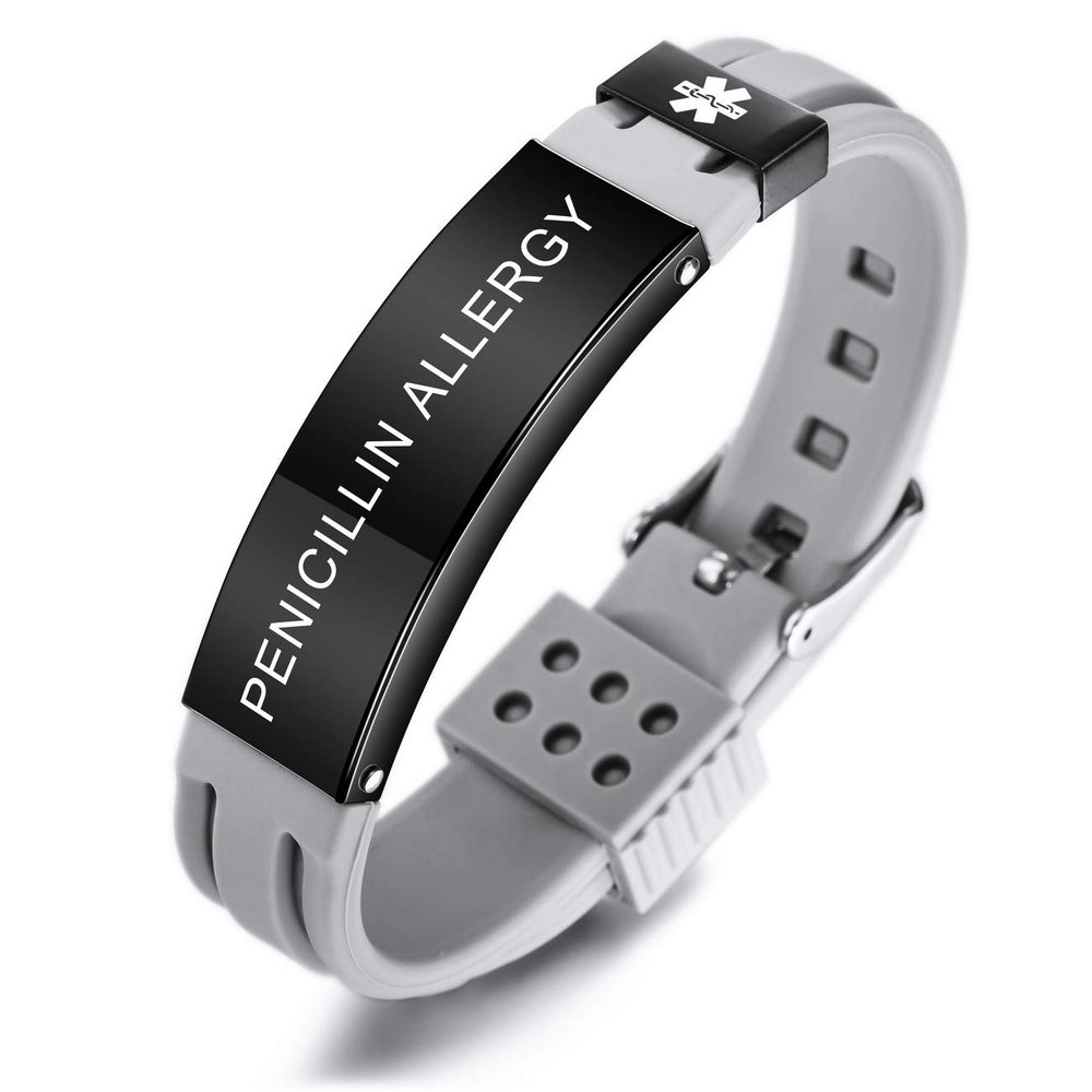 MOWOM Medical Bracelet Custom Engraved Silicone Adjustable Sport ID Identification Alert Stainless Steel - Bundle with Emergency Card, Holder (Grey, Penicillin Allergy)