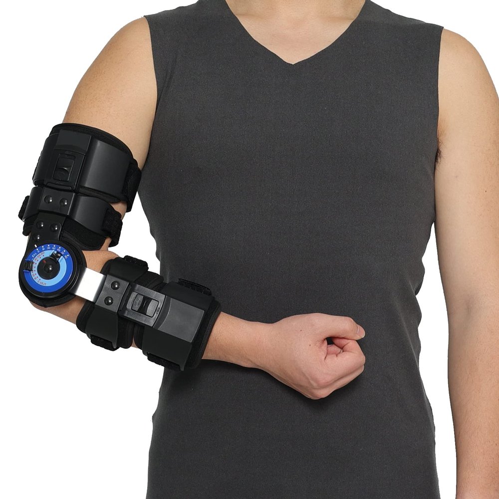 Orthomen Hinged ROM Elbow Brace Stabilizer, Adjustable Post OP Arm Support Splint for Surgery Recovery, Fracture & Dislocation, 10-15 Incremental Control, Universal Fit Men and Women (Right)