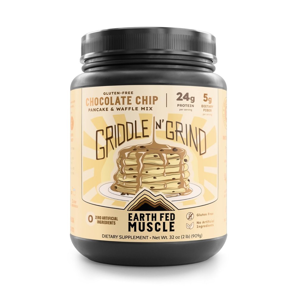 Earth Fed Muscle Griddle N' Grind Chocolate Chip Protein Pancake Mix & Waffle Mix Protein Pancakes Gluten Free, High Protein & Fiber, Just Add Water 2lbs, 13 Servings