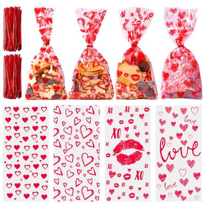 Aneco 100 Pack Valentine Cellophane Bags 10.6 x 5.1 Inch Valentine's Day Candy Cookie Bags 4 Styles Valentine Gift Bags Plastic Clear Cellophane Bags with Twist Ties for Valentine Party Favor Supplies