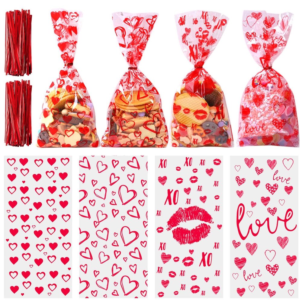Aneco 100 Pack Valentine Cellophane Bags 10.6 x 5.1 Inch Valentine's Day Candy Cookie Bags 4 Styles Valentine Gift Bags Plastic Clear Cellophane Bags with Twist Ties for Valentine Party Favor Supplies
