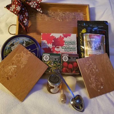 Gift Basket - Beautiful handmade scroll design tea tray filled with Luxury Teas
