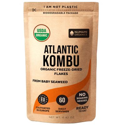 Organic Kombu Kelp Flakes - Young Baby Seaweed Grown in North Atlantic, Premium Quality Freeze-Dried for higher vitamin content. Soft Texture & Mild Taste.  tsp for daily vitamins. 60 Servings