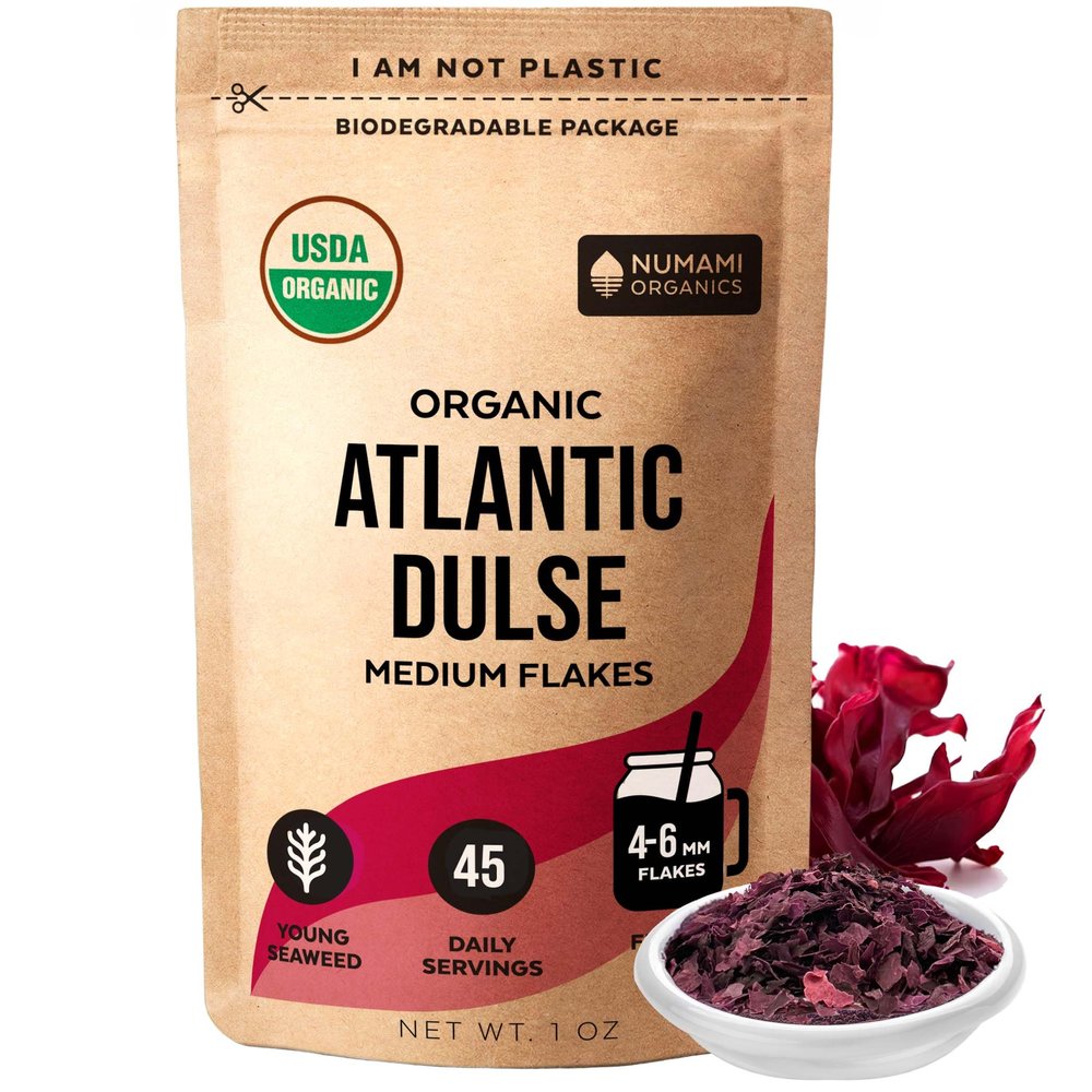 Organic Atlantic Dulse Flakes Young Seaweed Grown in North Atlantic, Vacuum Dried Premium Quality. Soft Texture & Mild Taste. Add 1 tsp to your dish for daily vitamins/minerals. 45 Servings (1 Oz)