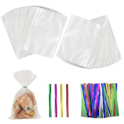 Cello Cellophane Treat Bags, 5.9 X 8 Inches Big OPP Clear Plastic Bags For Bakery, Popcorn, Cookies, Candies, Dessert with 6 Colors Twist Ties(100 Pieces Bags + 100 Pieces Twist Ties) (100, 5.9 x 8)