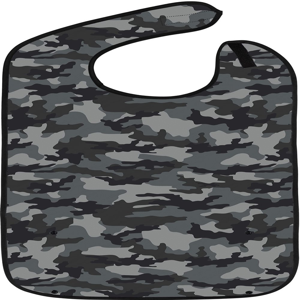 Adult Bibs for Eating: Reusable Bib with Crumb Catcher Pocket - For Men and Women (Gray Camo)