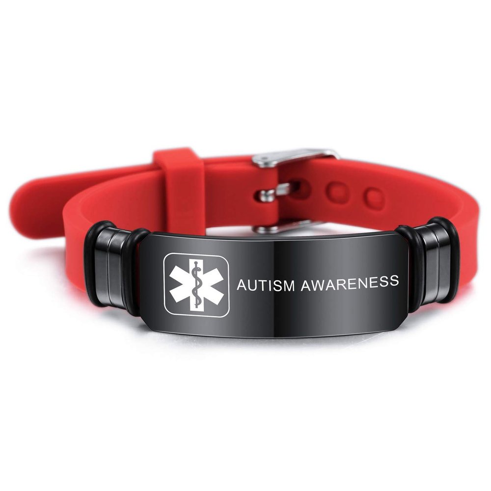 MOWOM Medical Bracelet Custom Engraved Silicone Adjustable Sport ID Identification Alert for Men Women Stainless Steel Bundle with Emergency Card Holder (Red, Autism Awareness)