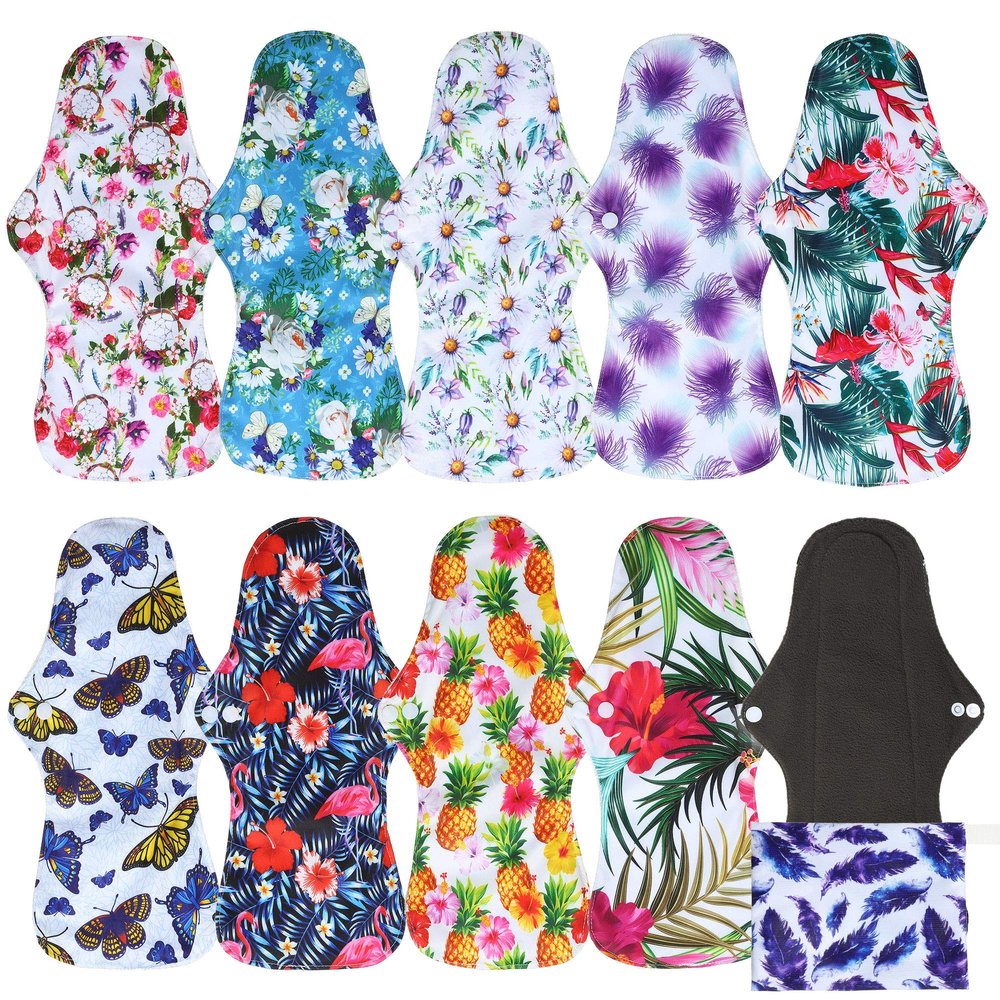 10 Pcs Resuable Heavy Flow Menstrual Pads Set, Including 1Pc Mini Wet Bag + 9Pcs Bamboo Charcoal Heavy Flow Waterproof Mama Cloth Sanitary Napkins Menstrual Pads