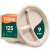 100% Compostable, 3 Compartment, Disposable Paper Plates [125-Pack] - {PFAS Free} - {BPA Certified} - [9 Inch] Heavy Duty Biodegradable Bagasse Sectional Lunch Trays + Dividers - Divided Platte Tray view 1