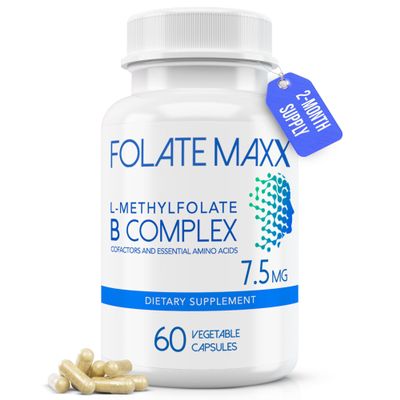 FOLATE MAXX L Methylfolate 7.5mg with Active Vitamin B Complex  60 Capsules  High Potency 5-MTHF with B6 Blend and Methyl B12 Supplement  3-in-1, Non-GMO, Gluten Free (2-Month Supply)
