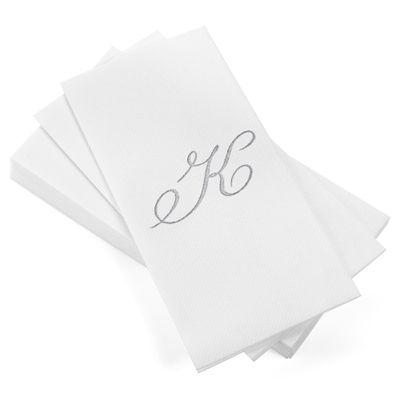 AMERICAN HOMESTEAD Disposable Hand Towels - Silver Foil Monogrammed Guest Napkins - Linen-Like Bathroom Paper Towels for Guests - Perfect Wedding and Party Napkins - 50 Count (Silver K)