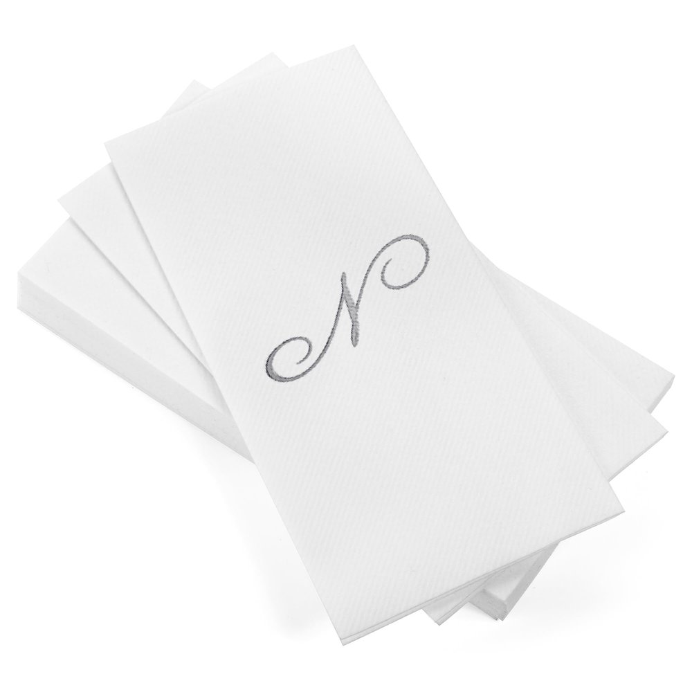 AMERICAN HOMESTEAD Disposable Hand Towels - Silver Foil Monogrammed Guest Napkins - Linen-Like Bathroom Paper Towels for Guests - Perfect Wedding and Party Napkins - 50 Count (Silver N)