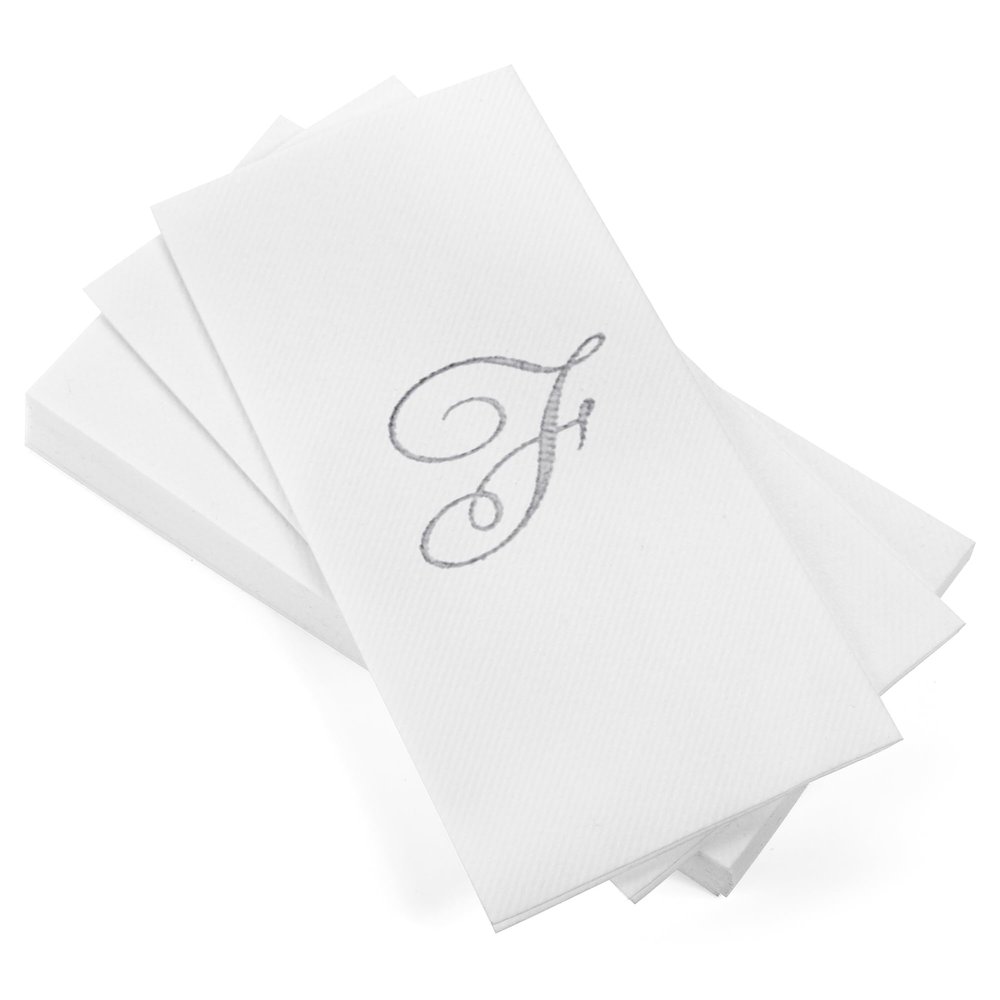 AMERICAN HOMESTEAD Disposable Hand Towels - Silver Foil Monogrammed Guest Napkins - Linen-Like Bathroom Paper Towels for Guests - Perfect Wedding and Party Napkins - 50 Count (Silver F)