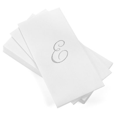 AMERICAN HOMESTEAD Disposable Hand Towels - Silver Foil Monogrammed Guest Napkins - Linen-Like Bathroom Paper Towels for Guests - Perfect Wedding and Party Napkins - 50 Count (Silver E)