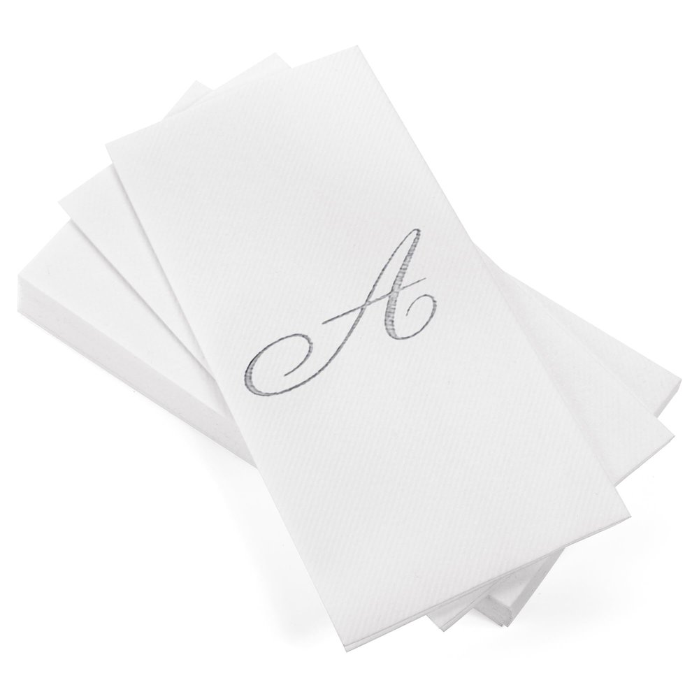 AMERICAN HOMESTEAD Disposable Hand Towels - Silver Foil Monogrammed Guest Napkins - Linen-Like Bathroom Paper Towels for Guests - Perfect Wedding and Party Napkins - 50 Count (Silver A)