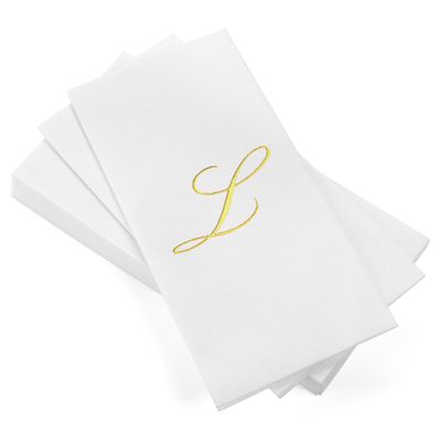 AMERICAN HOMESTEAD Disposable Hand Towels - Gold Foil Monogrammed Guest Napkins - Linen-Like Bathroom Paper Towels for Guests - Perfect Wedding and Party Napkins - 50 Count (Gold L)