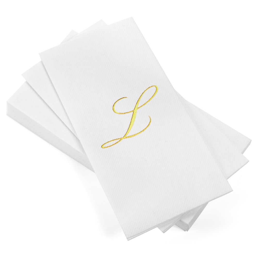 AMERICAN HOMESTEAD Disposable Hand Towels - Gold Foil Monogrammed Guest Napkins - Linen-Like Bathroom Paper Towels for Guests - Perfect Wedding and Party Napkins - 50 Count (Gold L)
