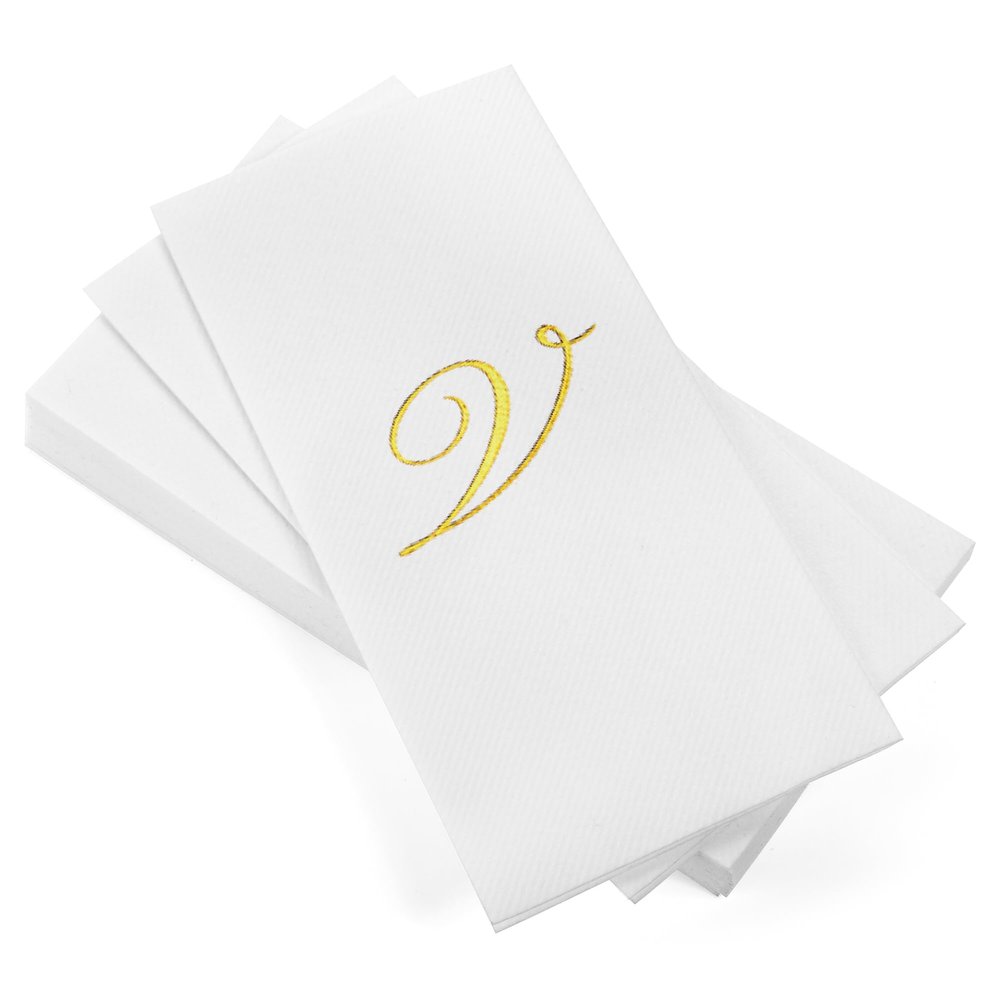AMERICAN HOMESTEAD Disposable Hand Towels - Gold Foil Monogrammed Guest Napkins - Linen-Like Bathroom Paper Towels for Guests - Perfect Wedding and Party Napkins - 50 Count (Gold V)