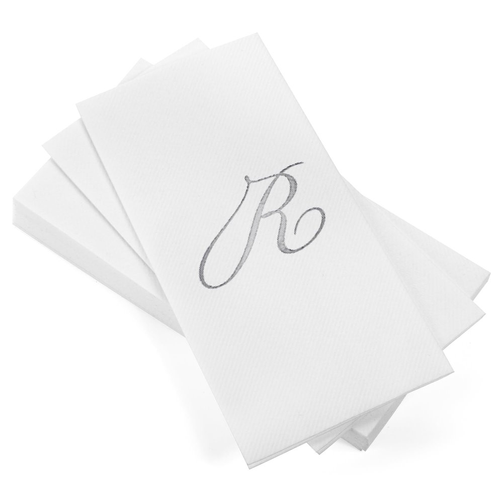 AMERICAN HOMESTEAD Disposable Hand Towels - Silver Foil Monogrammed Guest Napkins - Linen-Like Bathroom Paper Towels for Guests - Perfect Wedding and Party Napkins - 50 Count (Silver R)