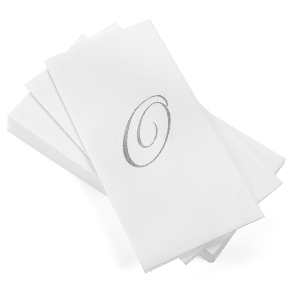 AMERICAN HOMESTEAD Disposable Hand Towels - Silver Foil Monogrammed Guest Napkins - Linen-Like Bathroom Paper Towels for Guests - Perfect Wedding and Party Napkins - 50 Count (Silver O)