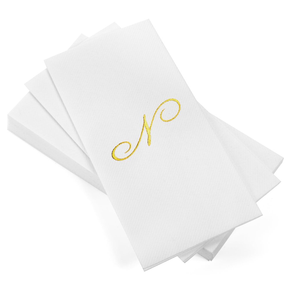 AMERICAN HOMESTEAD Disposable Hand Towels - Gold Foil Monogrammed Guest Napkins - Linen-Like Bathroom Paper Towels for Guests - Perfect Wedding and Party Napkins - 50 Count (Gold N)