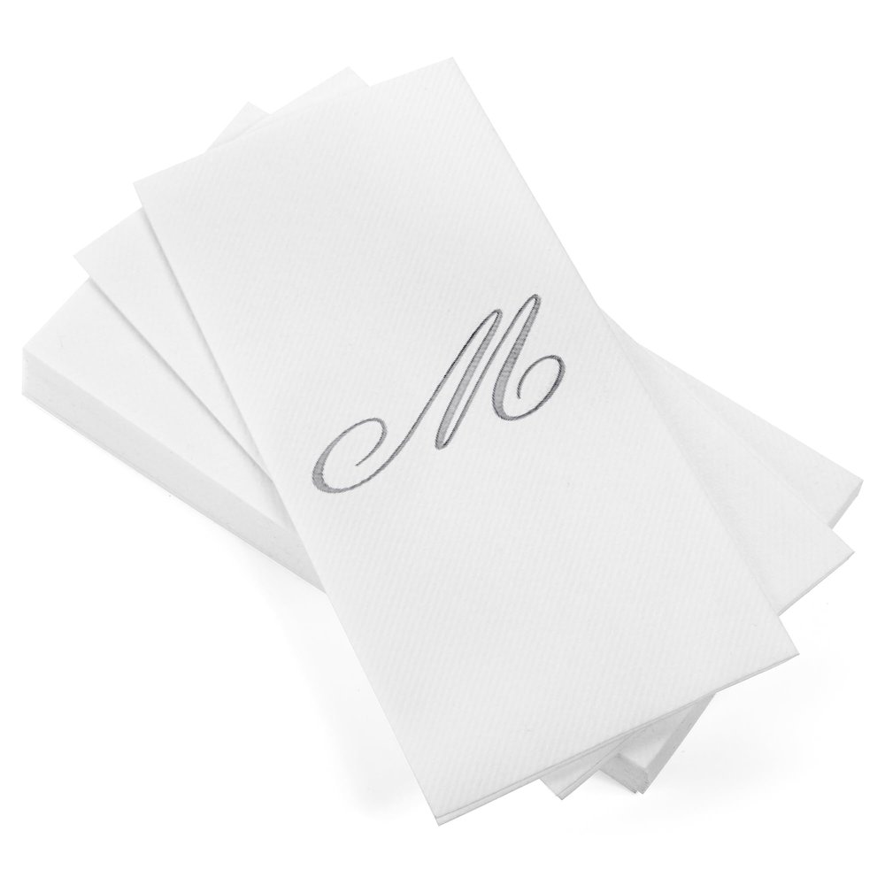 AMERICAN HOMESTEAD Disposable Hand Towels - Silver Foil Monogrammed Guest Napkins - Linen-Like Bathroom Paper Towels for Guests - Perfect Wedding and Party Napkins - 50 Count (Silver M)