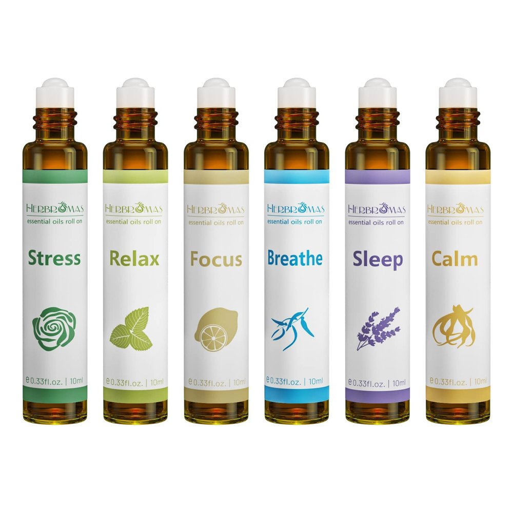 HERBROMAS Aromatherapy Essential Oils Roll On Set, Natural Pre-diluted Blend Oils for Skin Use, Relaxation Gift for Women & Men, Pack 6 x10ml