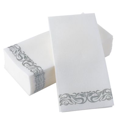 200-Pack BloominGoods Disposable Guest Towels for Bathroom - Linen-Feel Hand Towel -Paper Napkins for Party, Wedding or Dinner - Premium Quality Soft Absorbent Napkins White and Silver 8.5 X 4" Folded