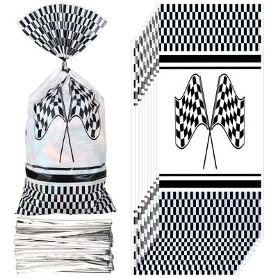 100 Pcs Race Car Treat Bags Cellophane Cars Candy Bags Plastic Race Goodie Gift with 200 Pieces Twist Ties for Racing Car Party Supplies