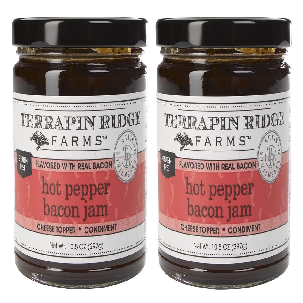 Terrapin Ridge Farms Hot Pepper Bacon Jam  Sweet & Spicy Spread with Real Bacon & Jalapeo  Gourmet Condiment for Cheese, Meats, and Appetizers  Two 10.5 oz Jar