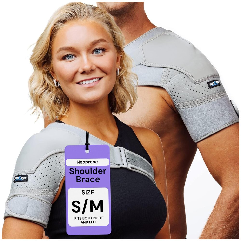 ZENKEYZ Shoulder Brace for Men and Women - Gray, S/M - Adjustable Neoprene Compression Sleeve with Cold Therapy Pocket - One-Handed Application Support for Physical Recovery and Joint Stability - Ambidextrous Fit