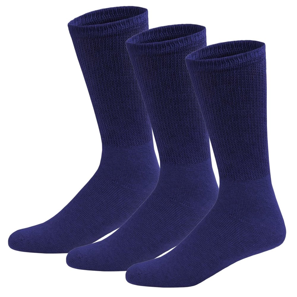3 Pairs of Cotton Diabetic Neuropathy Crew Socks (9-11, Fits Men's shoe size 7-9.5, Navy)