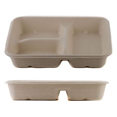 [125 Pack] 33 oz Compostable 3 Compartment Food Trays with Pulp Fiber Lids - Unbleached, Sugarcane, Plant Fiber, Heavy Duty, Microwavable, Biodegradable, Tree Free, Ecofriendly, Lunch Trays, Meal Prep