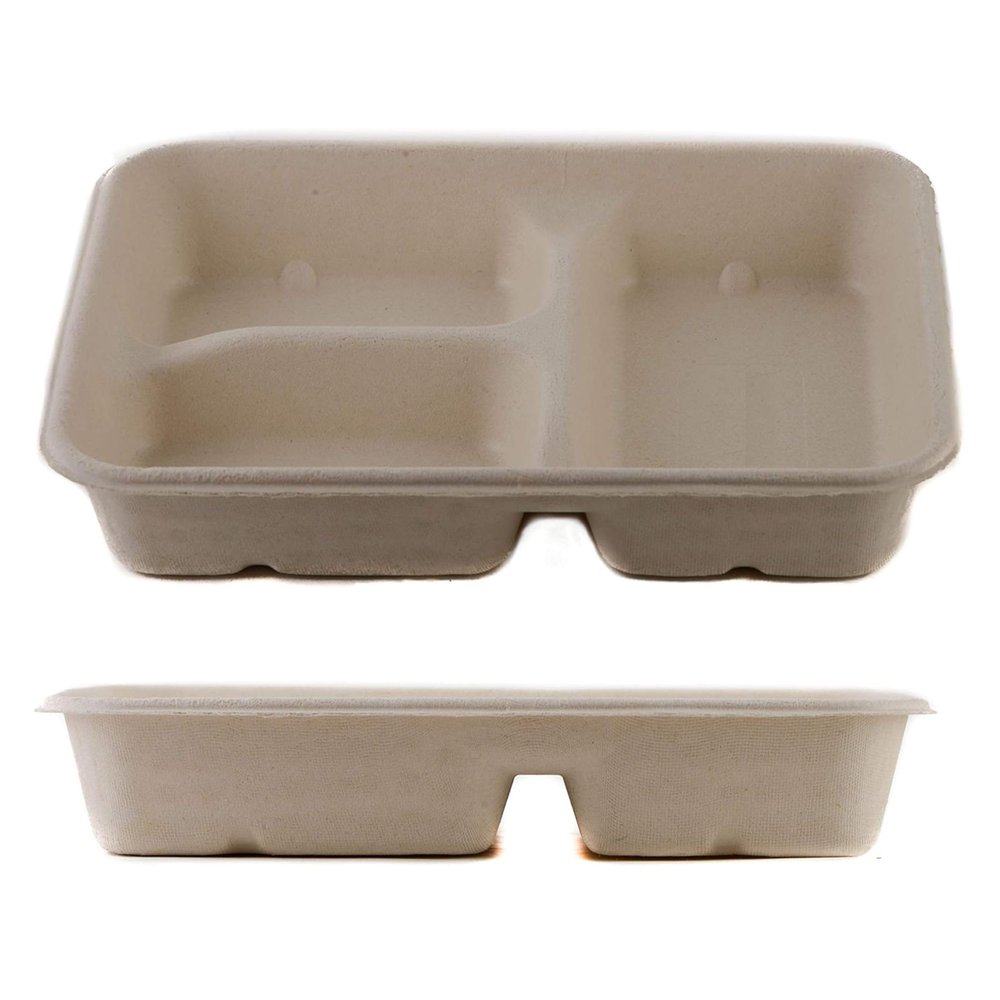 [125 Pack] 33 oz Compostable 3 Compartment Food Trays with Pulp Fiber Lids - Unbleached, Sugarcane, Plant Fiber, Heavy Duty, Microwavable, Biodegradable, Tree Free, Ecofriendly, Lunch Trays, Meal Prep