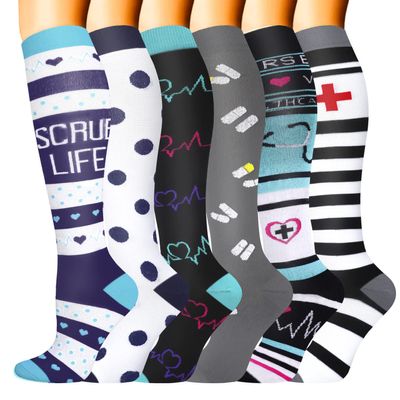 Sooverki Compression Socks for Women & Men 6 Pairs is Best Supportive Knee High Stockings for Flying Work Hiking Running Athletic Plantar Fasciitis Relief Fun Cute White Black Wide Calf Nurse Gifts