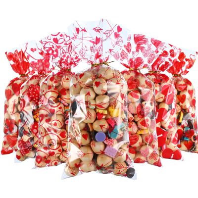 Blulu Valentines Treat Bags 180 Pcs Valentine Candy Cellphone Bag 4 Styles Plastic Heart Cookie Bags Gift with 200 Pieces Twist Ties for Party Supplies