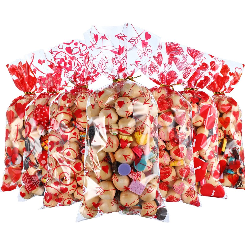Blulu Valentines Treat Bags 180 Pcs Valentine Candy Cellphone Bag 4 Styles Plastic Heart Cookie Bags Gift with 200 Pieces Twist Ties for Party Supplies