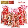 Blulu Valentines Treat Bags 180 Pcs Valentine Candy Cellphone Bag 4 Styles Plastic Heart Cookie Bags Gift with 200 Pieces Twist Ties for Party Supplies view 3