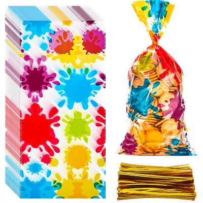 50 Pieces Art Paint Party Favor Bags Colorful Paint Splatter Plastic Goodie Treat Bags Cellophane Opp Candy Gift Bag with Ties for Birthday Baby Shower Party Supplies Decorations 10.6 x 5.1 Inch