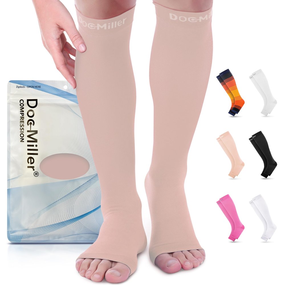 Doc Miller, Open Toe Compression Socks, 8-15 mmHg, Toeless, Support Circulation, Shin Splints, Calf Recovery, Varicose, Knee High, Medical Grade, Skin/Nude Socks, Small Size for Men & Women, Pair