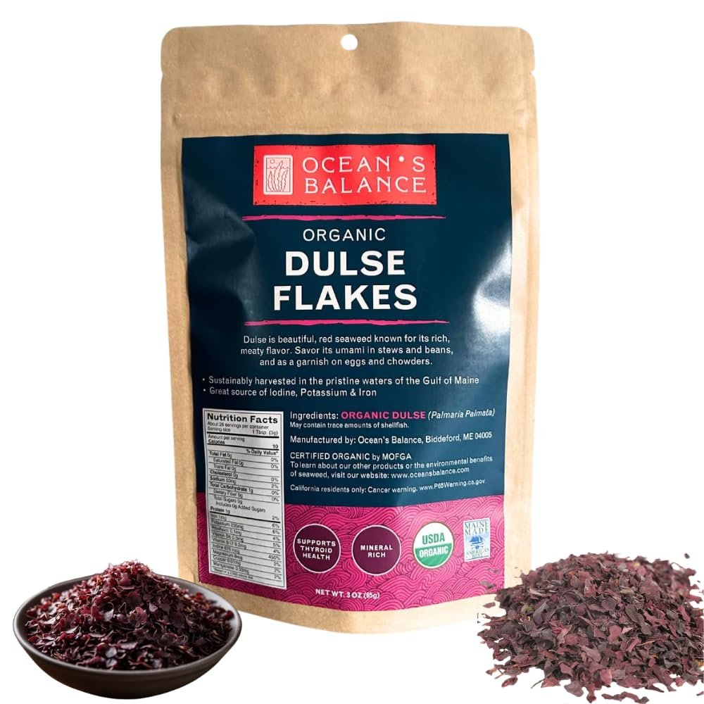 Ocean's Balance Organic Dulse Flakes  Atlantic Dulse Organic Flakes for Keto, Paleo Diet, Vegetarian & Vegan Diets  Dried Vegetable Gluten Free Products (3oz/Bag)
