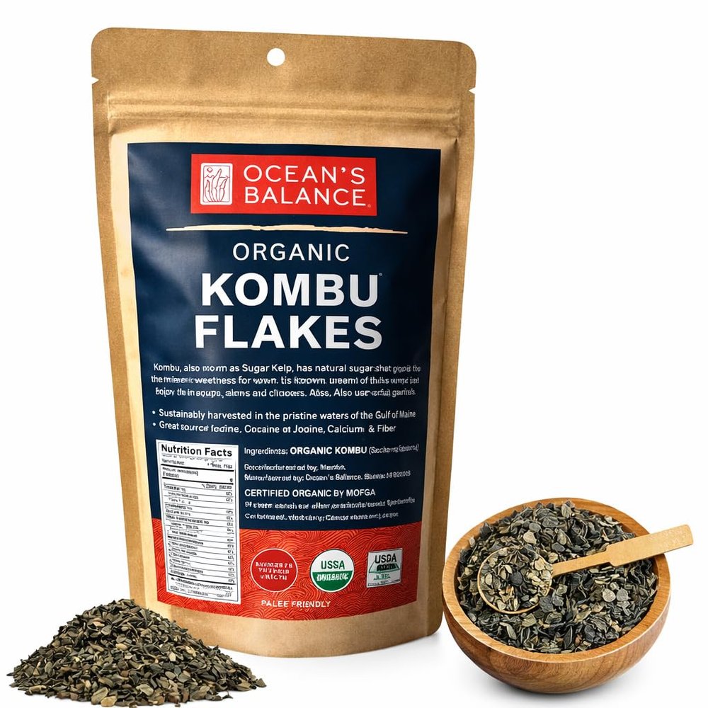 Oceans Balance Organic Kombu Flakes  Maine Coast Seaweed Seasoning, Iodine Rich Kelp for Dashi Broth, Soups & Cooking  Vegan, Keto, Paleo Friendly, 4 oz