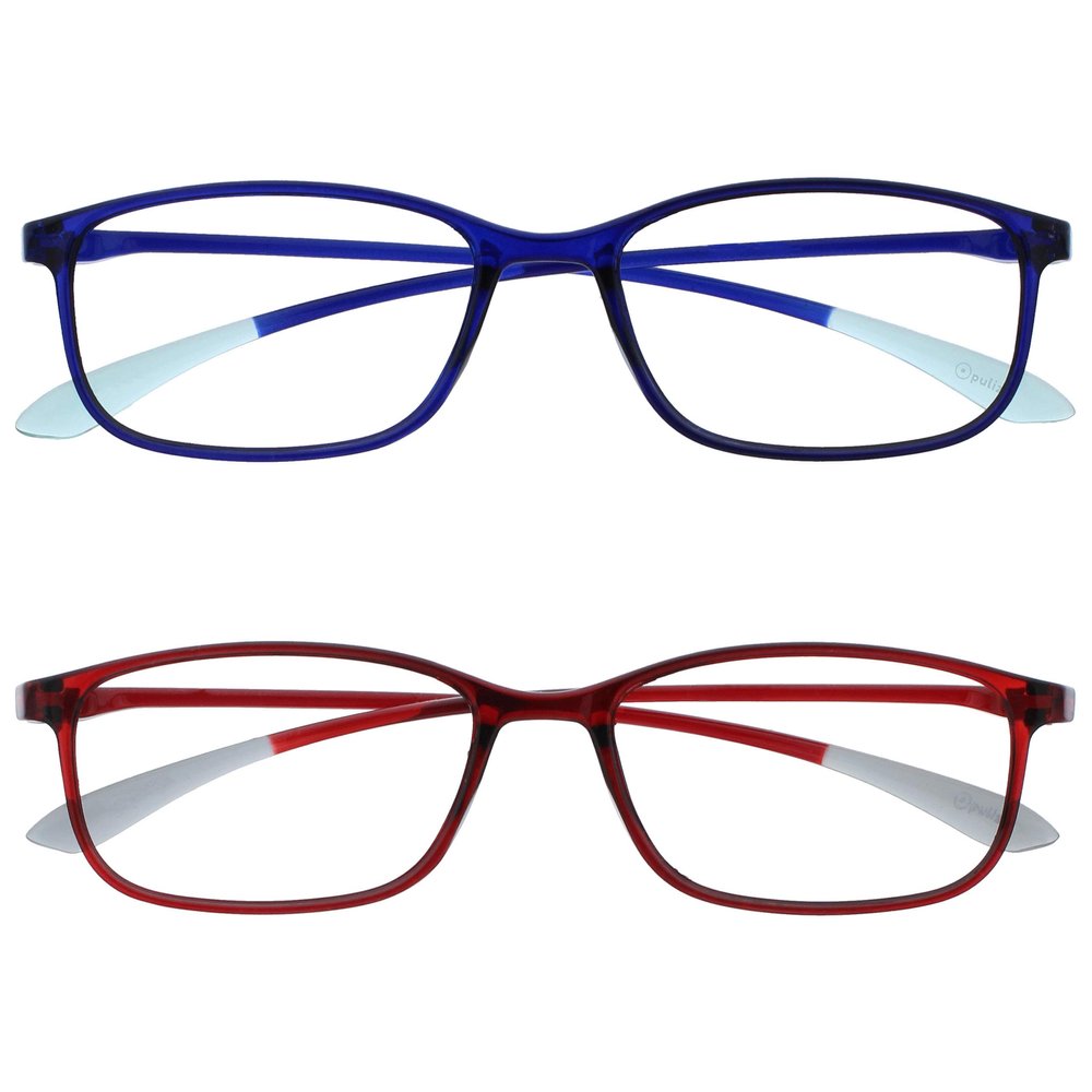 OPULIZE ICE Reading glasses for Women Men,Scratch Resistant Rectangular frame with Spring Hinges, Crystal Dark Blue,Crystal Dark Red +2 (Pack of 2)