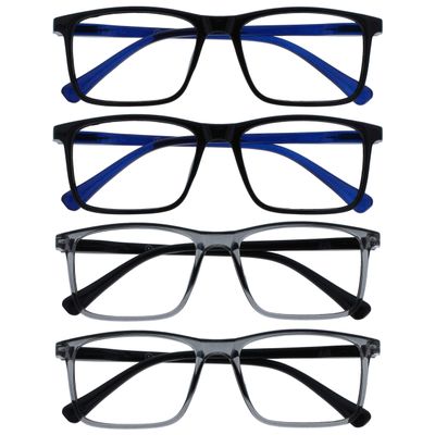 OPULIZE INK Reading Glasses - Value 4 Pack - Large Rectangular Frame - Spring Hinges - Scratch Resistant - Black Grey - Mens Womens +2.50